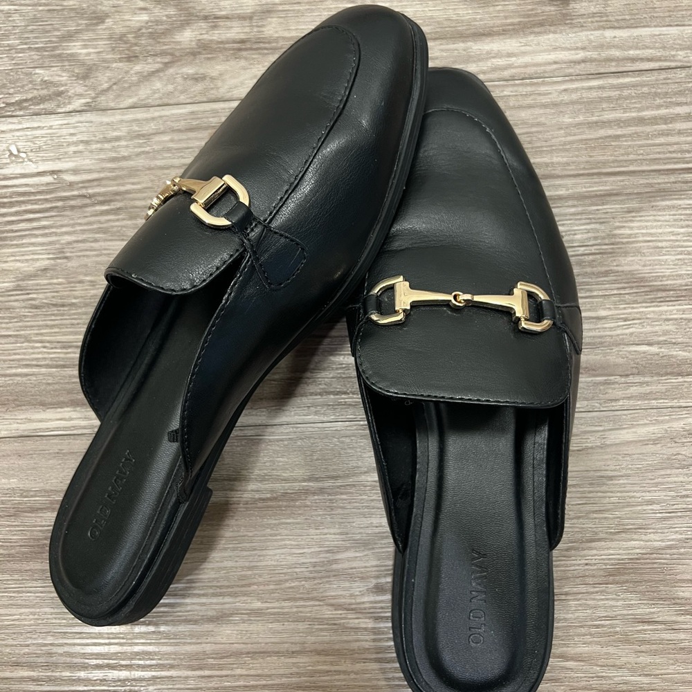 Old Navy Black Faux-Leather Mule Loafers with Gold Buckle